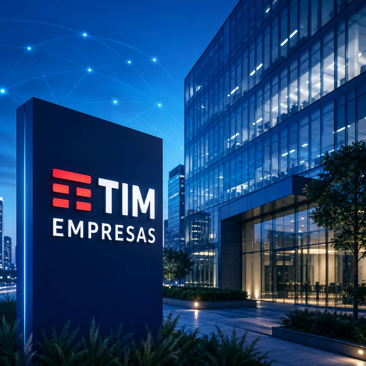 Totem TIM Empresas em frente a edifícios corporativos